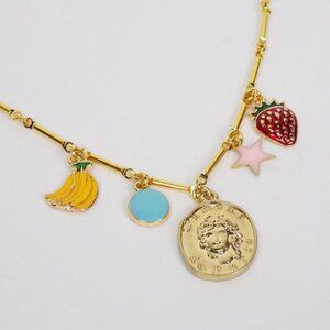 new in box! charm necklace greek coin pendant with enamel charms strawberry star